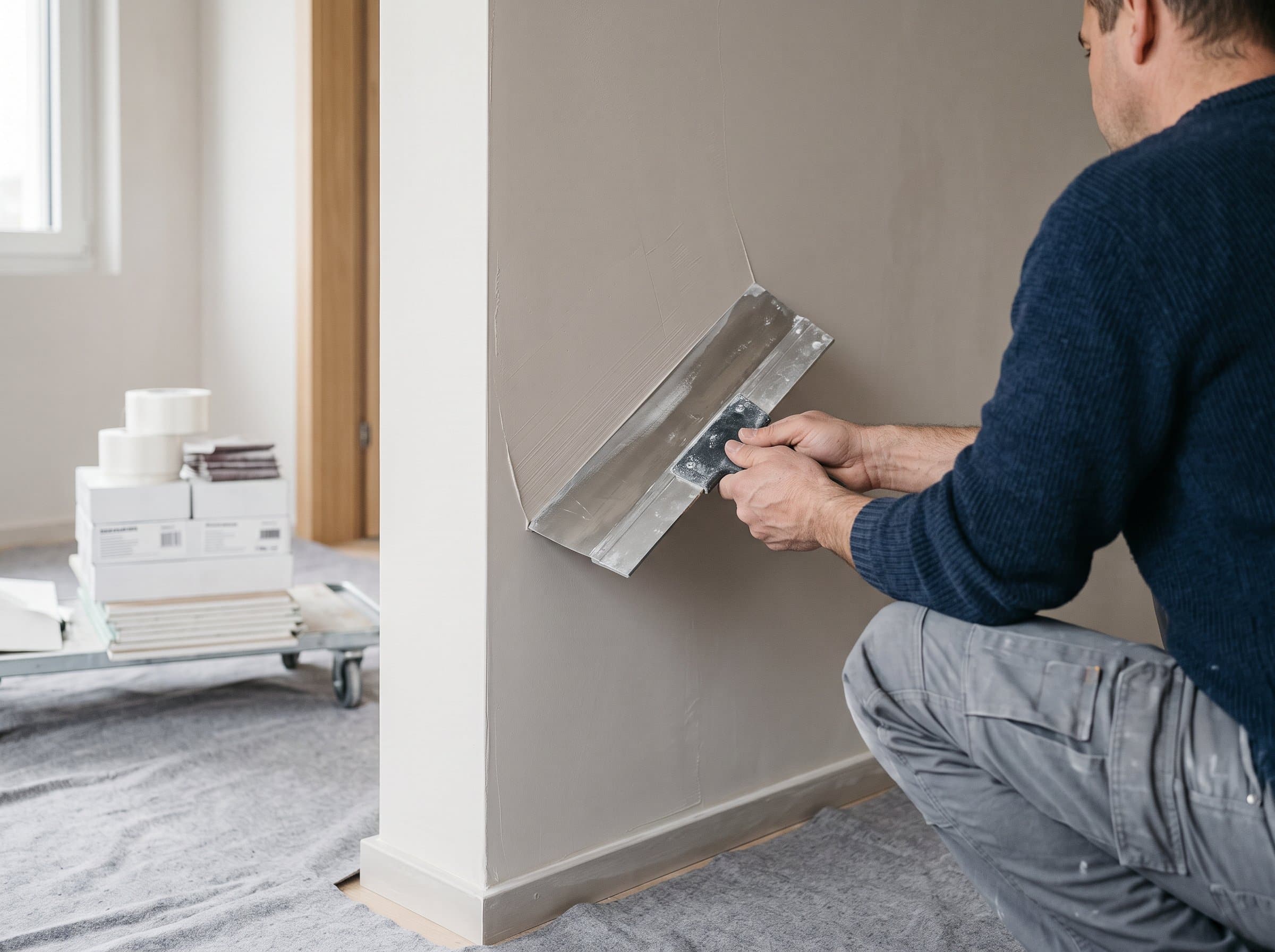 Hände ziehen mit der breiten Spachtel Füllmasse über eine Wand
