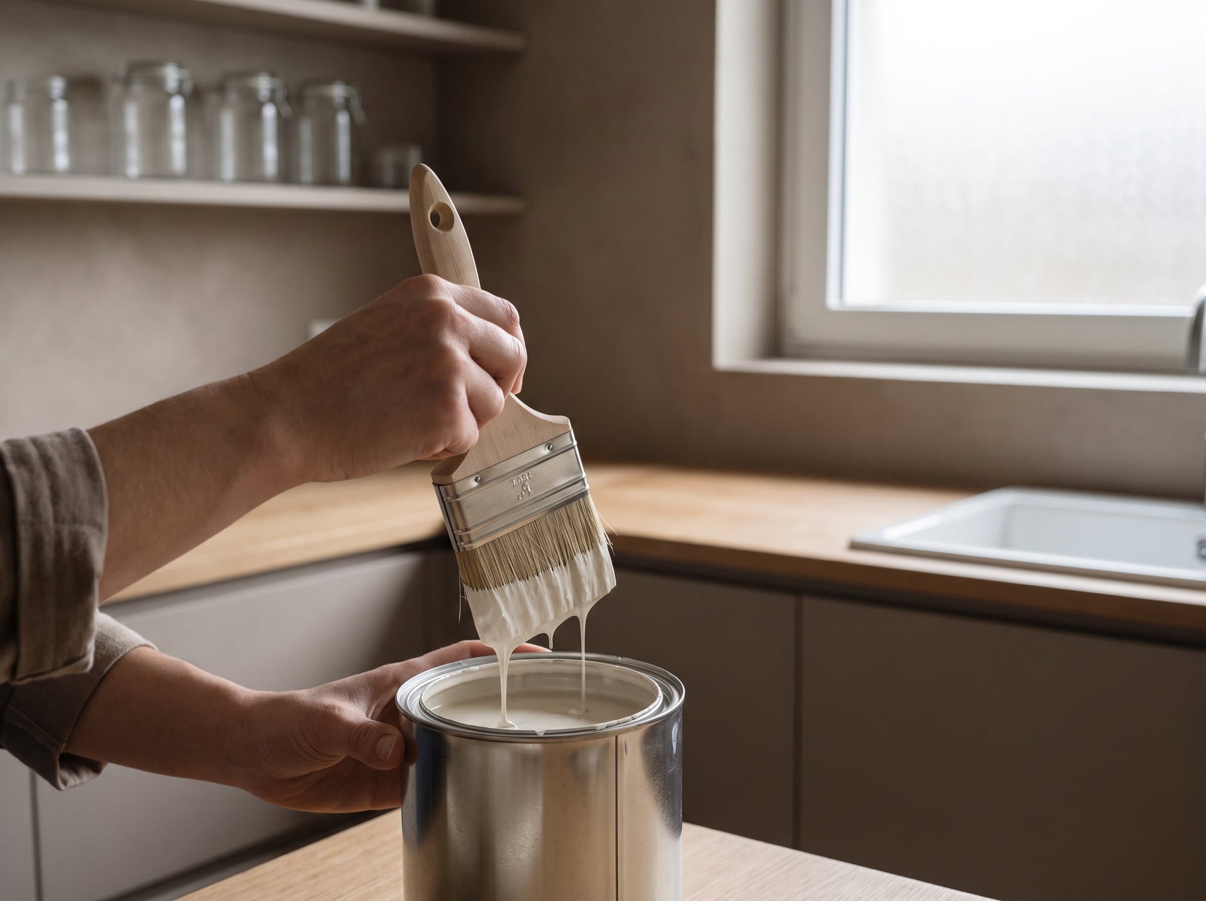 Ein breiter Pinsel wird in die offene Farbdose getaucht und am Rand abgestreift