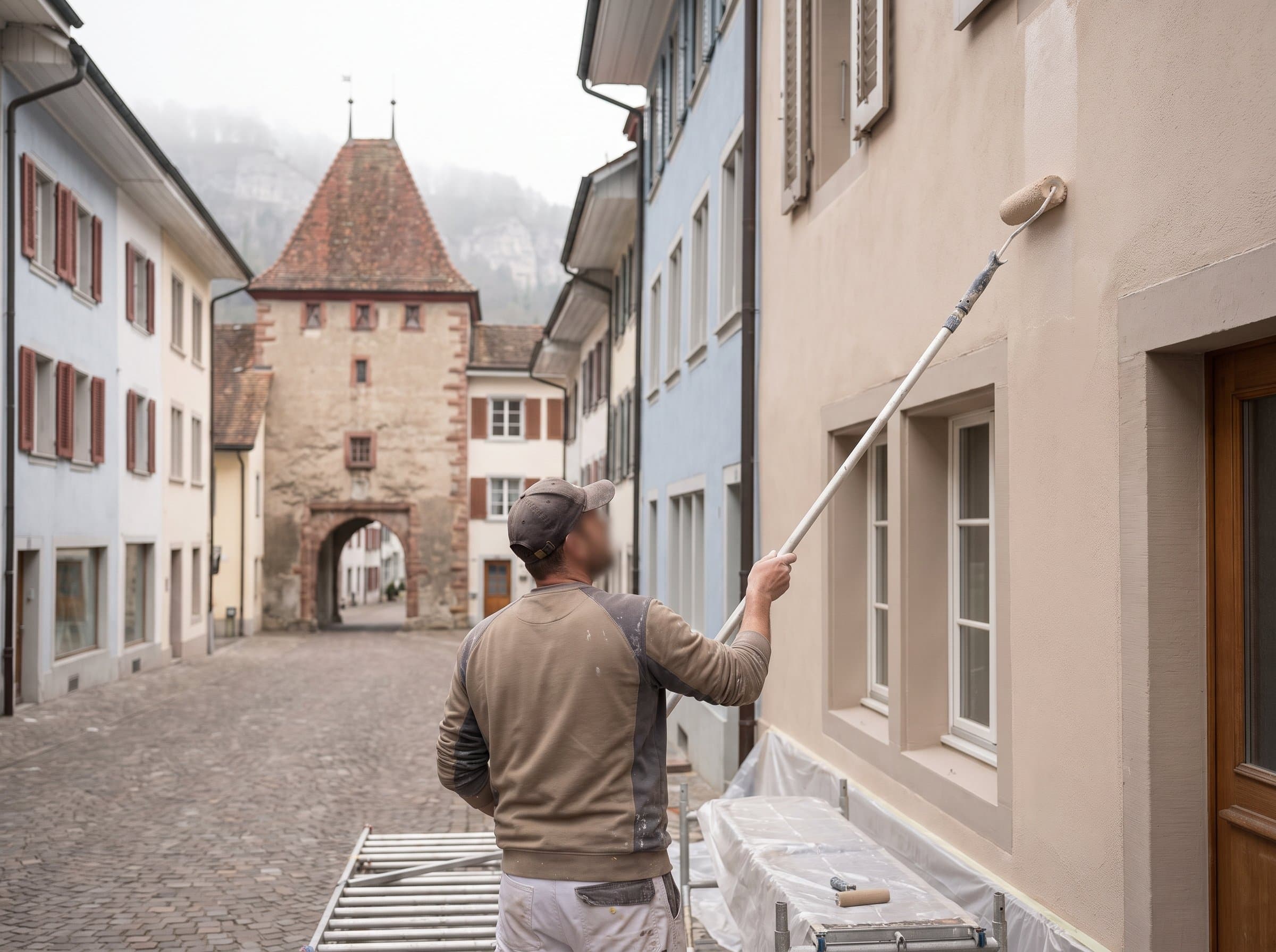 Auf dem Gerüst wird eine Fassade mit der langen Rolle gestrichen