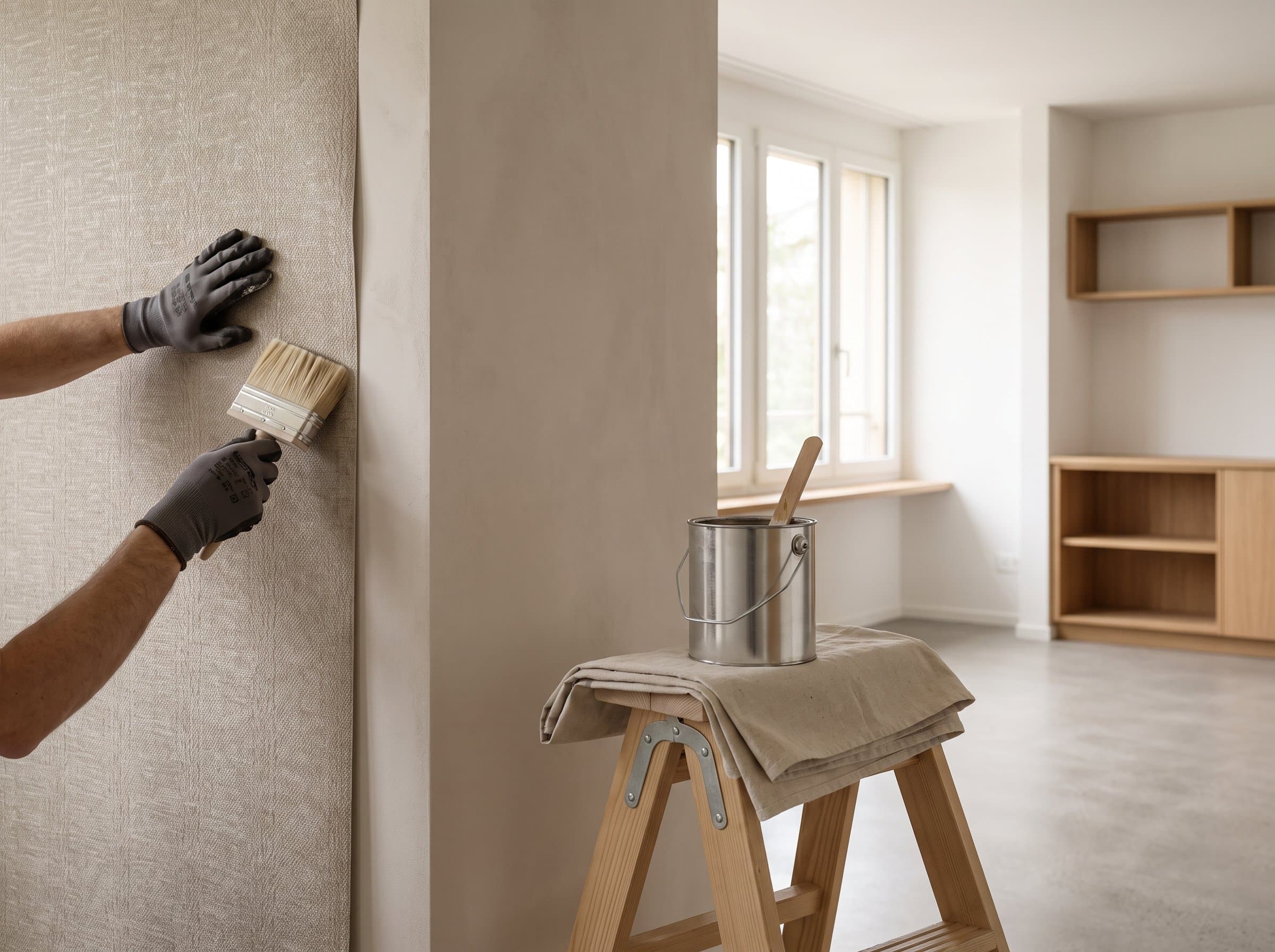 Eine Tapetenbahn wird mit der Bürste an die Wand gestrichen