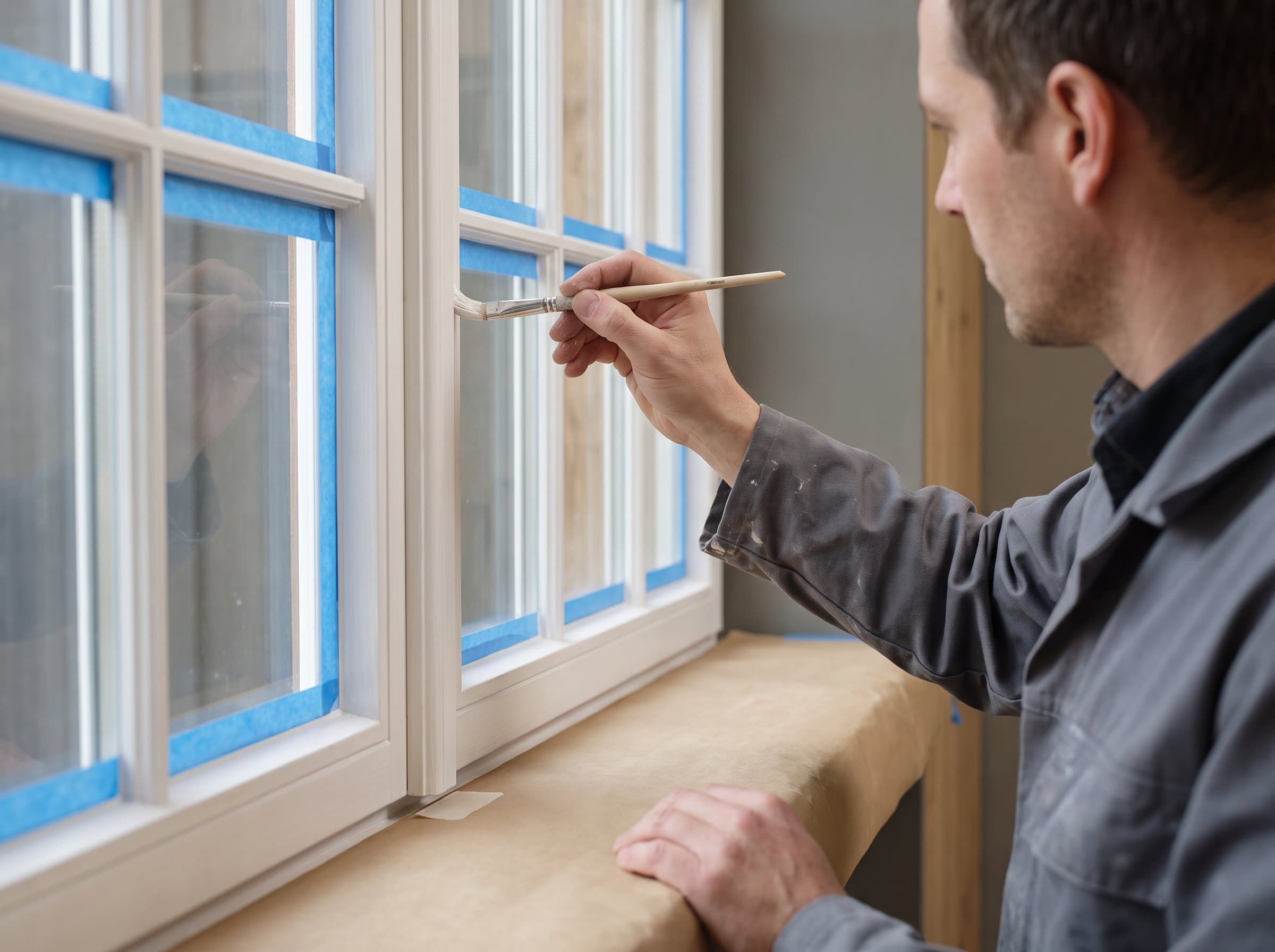 Mit dem schmalen Pinsel werden die Sprossen eines Holzfensters gestrichen